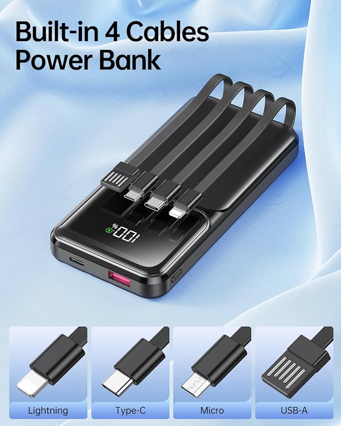 Portable Charger with Built in Cable - 20000mAh Power Bank Fast Charging 22.5W Slim LED Display Travel USB C Battery Pack 5 Outputs & 3 Inputs for iPhone Android iPad Phones Tablets etc