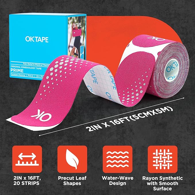 OK TAPE Synthetic Kinesiology Tape Precut Strips, Waterproof Kinesiology Athletic Tape for Joint & Muscle Support, Reflective and Durable Tape, 2in×16.4ft Roll 20PCS | Pink