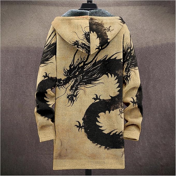 Mens Hooded Cardigan Japanese Art Zip Up Long Sleeve Sweater Hoodie Dragon Print Coat with Pockets