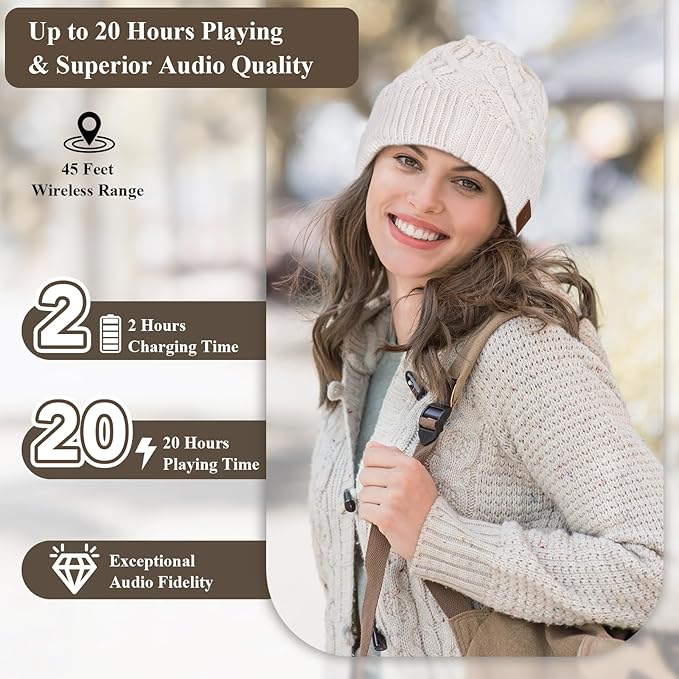 Bluetooth Beanie, Double-Layer Wool Lining Bluetooth Hat Beanie for Men/Women/Teens/Family, 20hrs Playing, Gift Packaging for Christmas Stocking Stuffers Thanksgiving (02-Black)