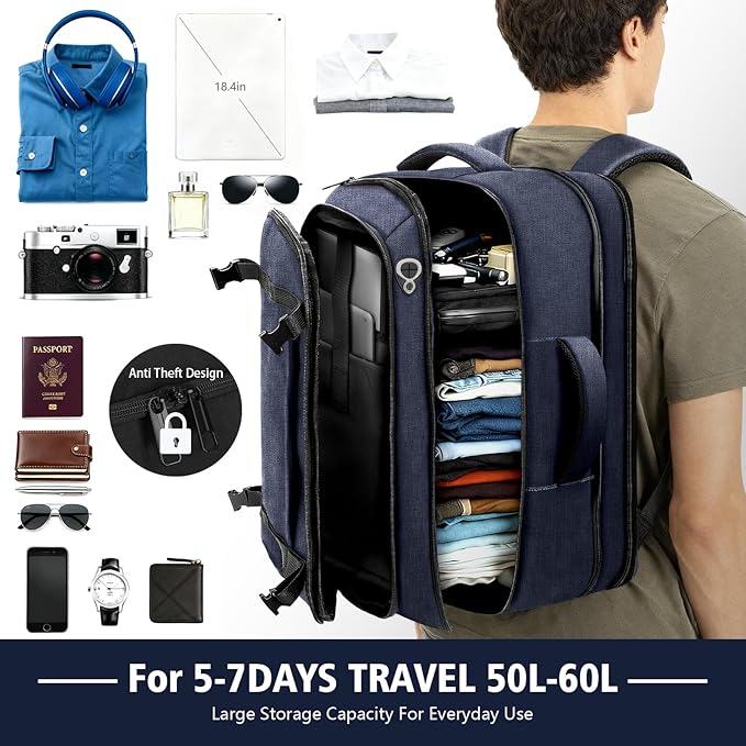 Carry On Backpack,50–60L Expandable Large Capacity Travel Backpack with Cable Access Port Fits 18.4 Inch Laptop, Water Resistant Airline Travel Backpack for Men College Hiking Work Commuting, Blue