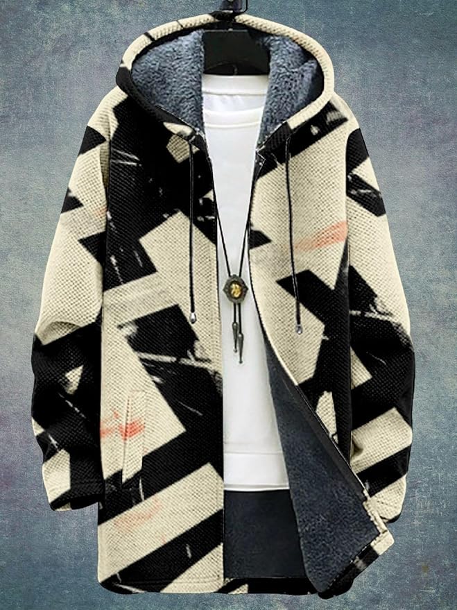 2025 Men's Ethnic Pattern Hooded Jacket Long Cardigan Hoodies Full Zip Vintage Knitted Zipper Coat with Pocket