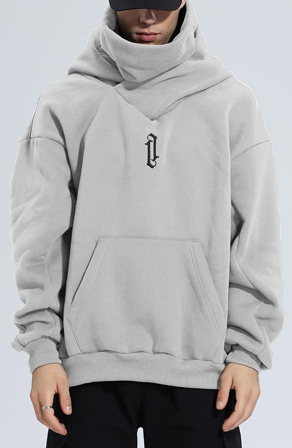 Fleece Hoodies for Men Cowl Neck Sweatshirts Hood with neck Gaiter Casual Pullover Fall Winter with Embroidery