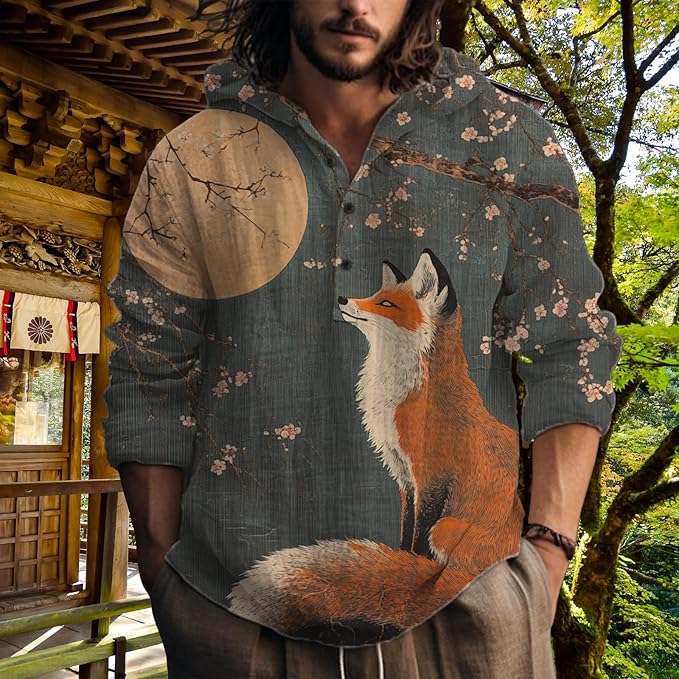 MARSVOVO Hooded Long Sleeve Shirt Men Fashion Graphic Button Up Lightweight Big and Tall Casual Vacation Shirts for Men