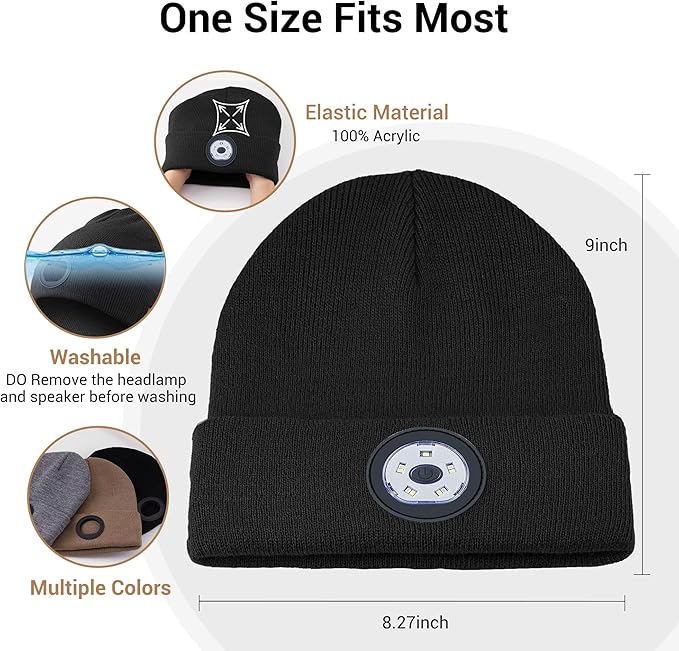 Bluetooth Beanie with Light, HD Stereo Sound, USB Rechargeable Headlamp for Hiking Fishing, Gift for Men Women Teen
