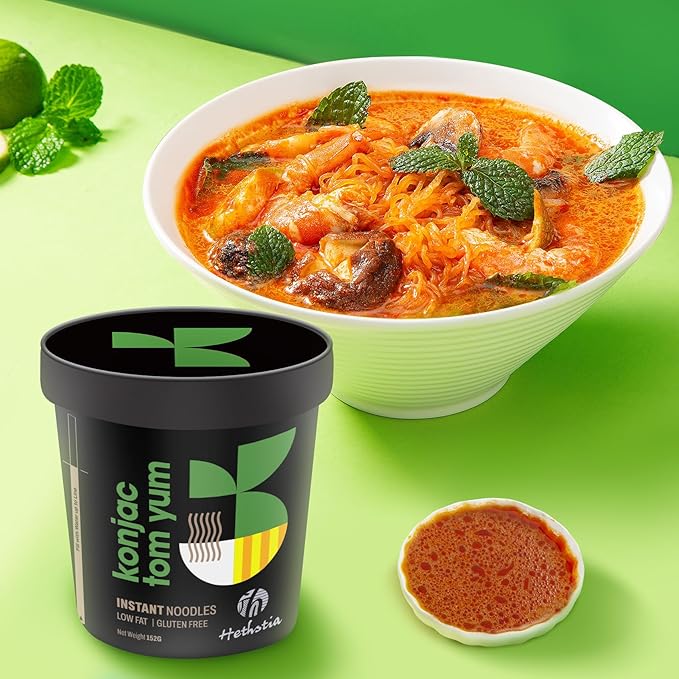 Hethstia Shirataki Noodle Tom Yum Soup Cups- 6-Pack Konjac Angel Hair Pasta, Low Carb, Ready-to-Eat Tom Yum Noodle Broth, Low GI, Healthy Asian Ramen, Keto-Friendly, Holiday Food Gift