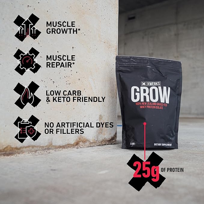 Xwerks Grow Whey Protein Powder, 25g Pure Isolate Protein from New Zealand Grass Fed Cows, Builds Strength and Speeds Recovery, Paleo and Keto Friendly, Soy and Gluten Free, Strawberry, 30 Servings