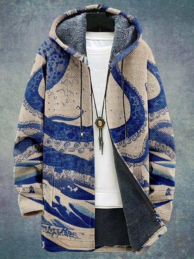 2025 Men's Ethnic Pattern Hooded Jacket Long Cardigan Hoodies Full Zip Vintage Knitted Zipper Coat with Pocket