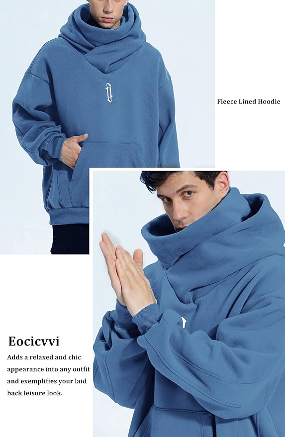Fleece Hoodies for Men Cowl Neck Sweatshirts Hood with neck Gaiter Casual Pullover Fall Winter with Embroidery