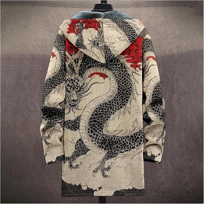 Mens Hooded Cardigan Japanese Art Zip Up Long Sleeve Sweater Hoodie Dragon Print Coat with Pockets