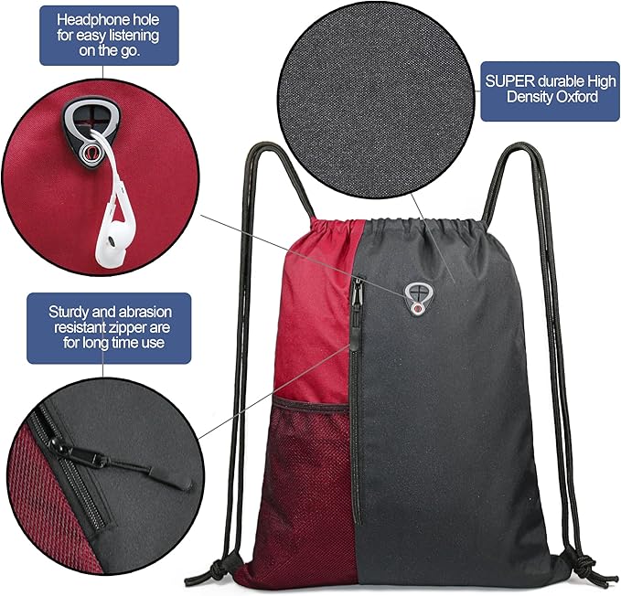 BeeGreen Bright Red Drawstring Backpack Gym Bag For Men & Women – Sports Sackpack with Mesh Water Bottle Holder & 2 Zippered Pockets – Large 16x20 Inch Cinch String Backpack