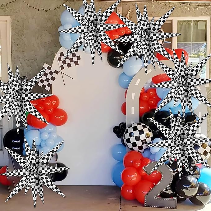 6PCS Checkered Star Balloons, 22 Inch Large Black and White Star Foil Balloons for Racing Themed Birthday Wedding Anniversary Party Backdrops Decorations