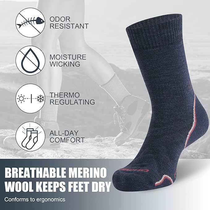 ZEAL WOOD Merino Wool Hiking Crew Socks for Men Women Comfort Full Cushion Moisture Wicking for Camping Trekking Work Outdoor