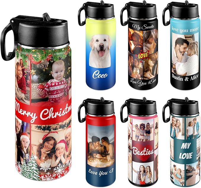 Personalized Photo Water Bottles, 18oz/32oz Custom Pictures Stainless Steel Insulated Sport Water Bottle with Straw Lid & Handle, Customized Cup Gifts for Men Women Birthday Anniversary Christmas