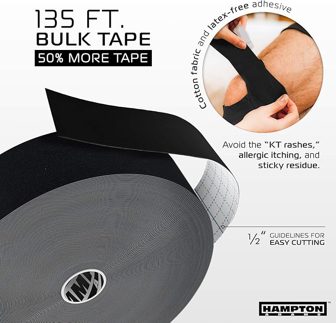 Hampton Adams | As Seen on Shark Tank | Elastic Kinesiology Tape (Bulk Roll) | 135ft Uncut | Supports & Protects Muscle Wrist Knee Shoulder Back Plantar Fasciitis | Waterproof Hypoallergenic