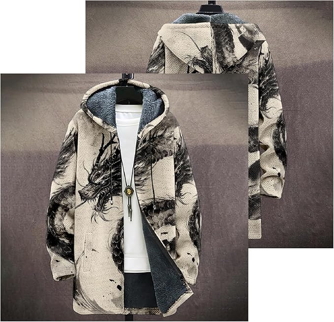 Mens Hooded Cardigan Japanese Art Zip Up Long Sleeve Sweater Hoodie Dragon Print Coat with Pockets