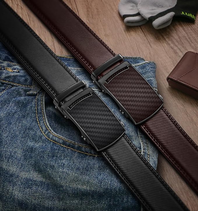 BULLIANT Men's Ratchet Belt 2 Pack-Click Leather Belt Adjustable for Men Gift 1 3/8-Cut for Perfect Fit