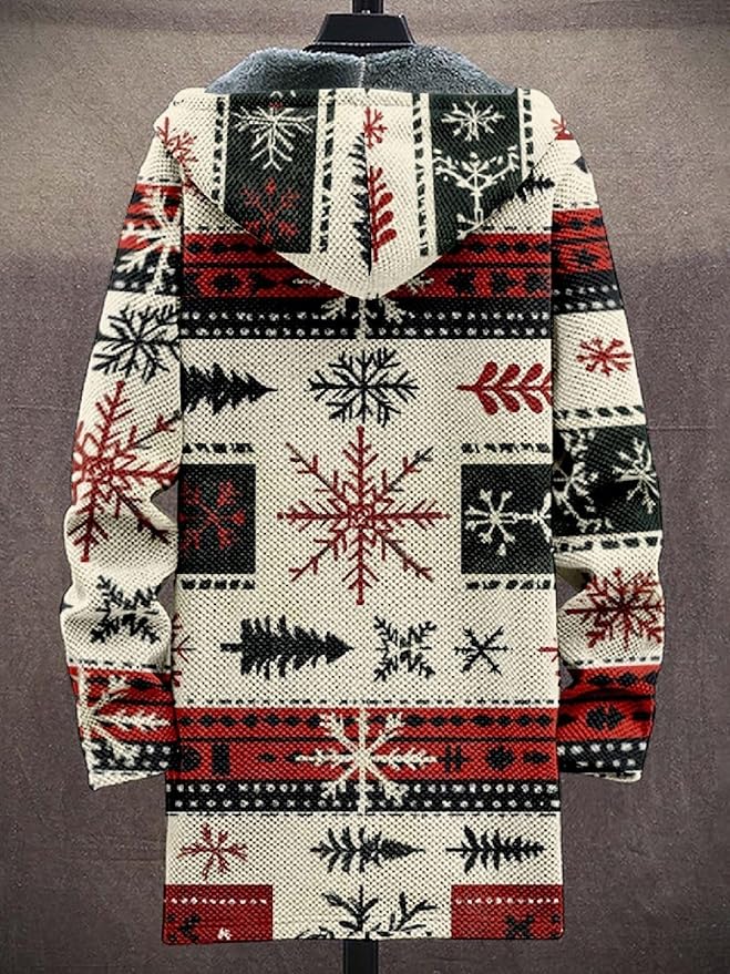 2025 Men's Ethnic Pattern Hooded Jacket Long Cardigan Hoodies Full Zip Vintage Knitted Zipper Coat with Pocket