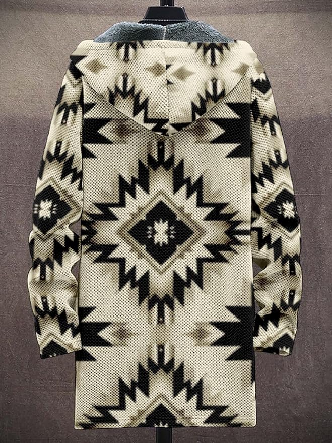 2025 Men's Ethnic Pattern Hooded Jacket Long Cardigan Hoodies Full Zip Vintage Knitted Zipper Coat with Pocket