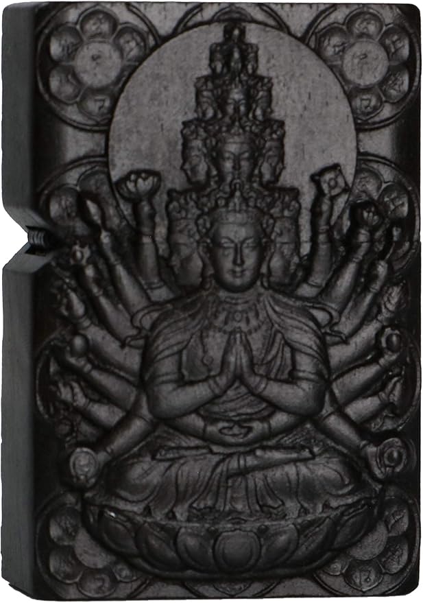 Natural Ebony Black Wood Carved Lighter Shell Box For Zippo Module (Protector Deity /1000 Arms Avalokiteshvara of Goddess)