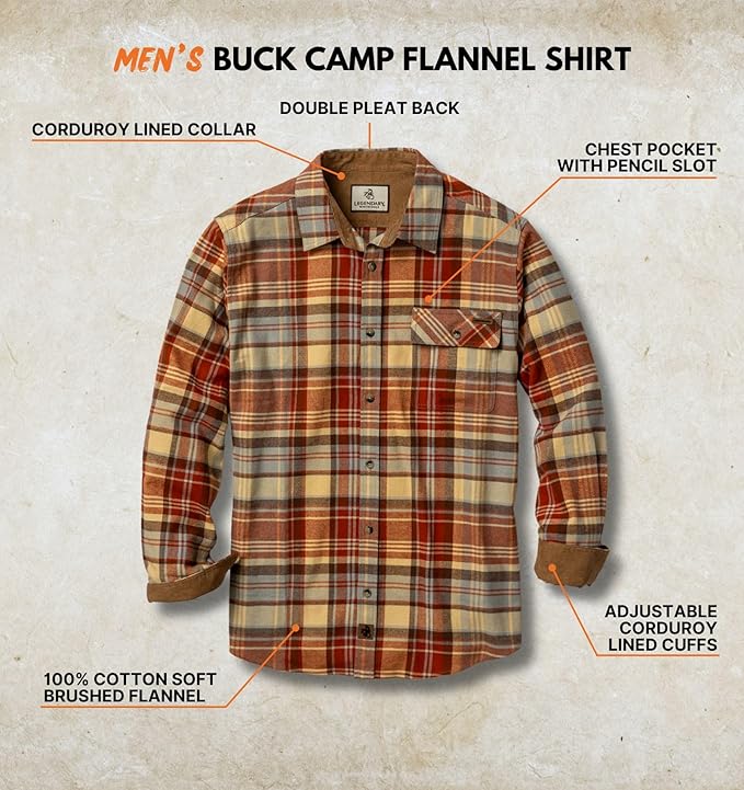 Legendary Whitetails Men's Flannel Shirt Long Sleeve Button Down 100% Cotton