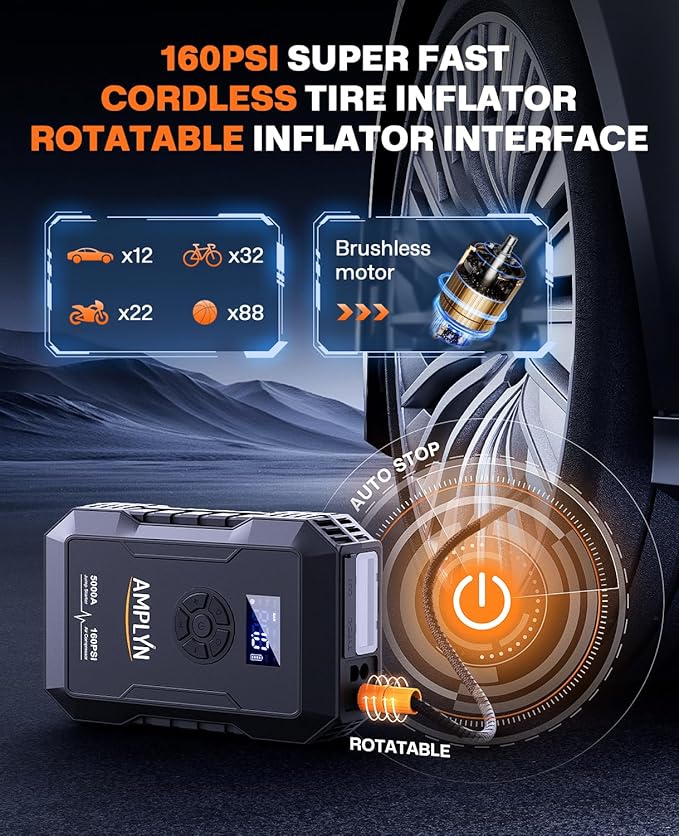 Car Battery Jump Starter with Air Compressor 160PSI,5000A 60W Portable Jump Starter Battery Pack (All Gas/10L Diesel),12V Starter Jump Box with Jumper Cables,Type C Fast Charging,3 Mode Light