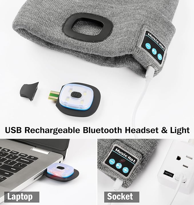 CENSGO Bluetooth Beanie with The Light, Unique Tech Gifts for Men Husband Him Teen, Wireless Headphones for Fishing Jogging Working, Christmas Stocking Slategrey