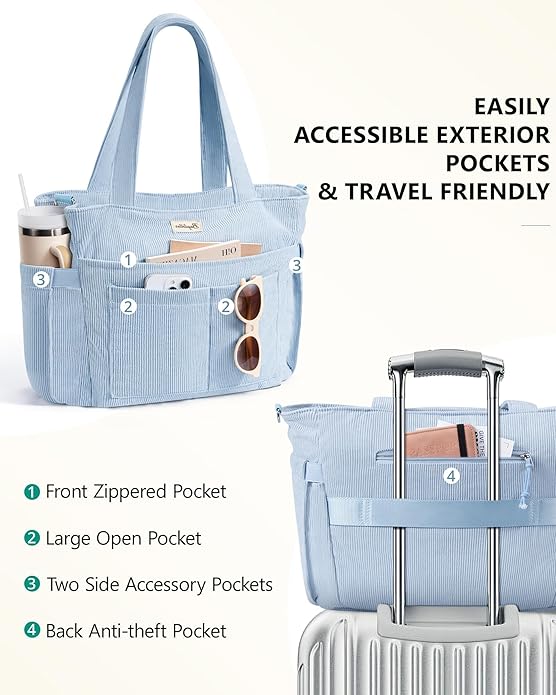 Corduroy Tote Bag for Women, 17 Pockets Laptop Work Tote Lightweight Teacher Nurse Bible Shoulder Bag for School Daily Travel