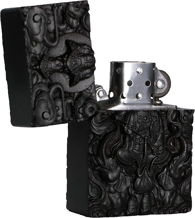 Natural Ebony Black Wood Carved Lighter Shell Box For Zippo Module (Namgyalma & Ushnishavijaya Buddha)