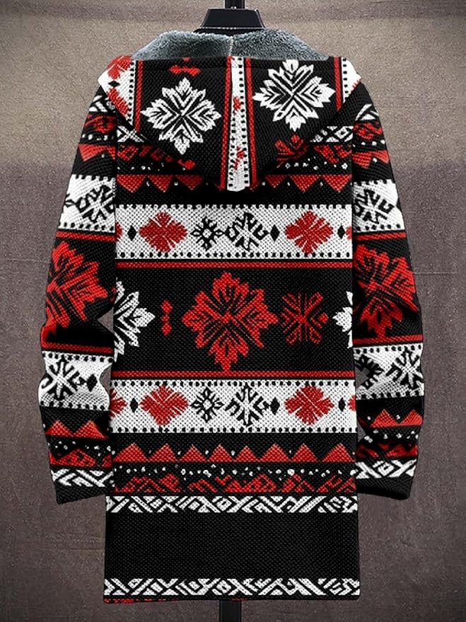 2025 Men's Ethnic Pattern Hooded Jacket Long Cardigan Hoodies Full Zip Vintage Knitted Zipper Coat with Pocket