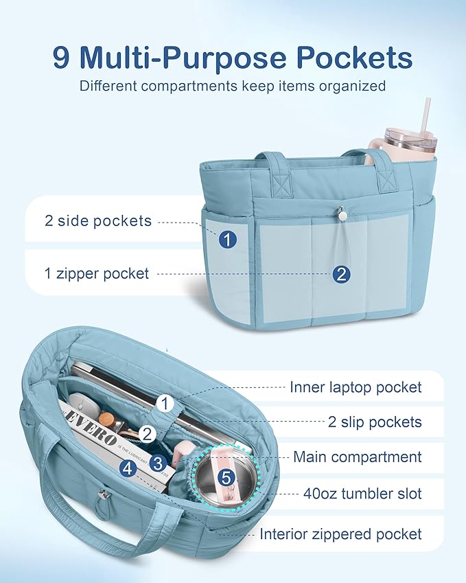 TOPDesign Puffy Tote Bag for Women with Cup Holder & Laptop Compartment & Cosmetic Bag & Trolley Sleeve for Work, Travel