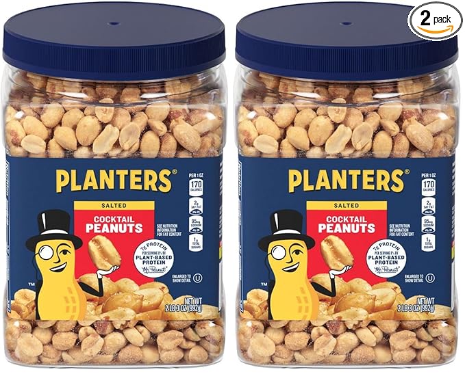 PLANTERS Salted Cocktail Peanuts, Party Snacks, Plant-Based Protein, 2 lb Jar (Pack of 2)