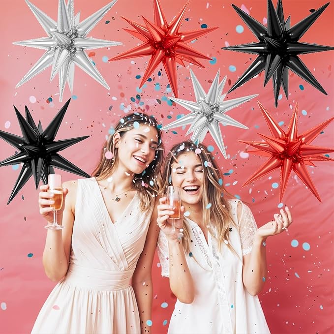 6PCS Star Balloons, 22Inch Large Black Red Silver Star Balloon Explosion Foil Balloons Cone Spike Balloon for Birthday Graduation Wedding Anniversary Party Backdrops Decorations