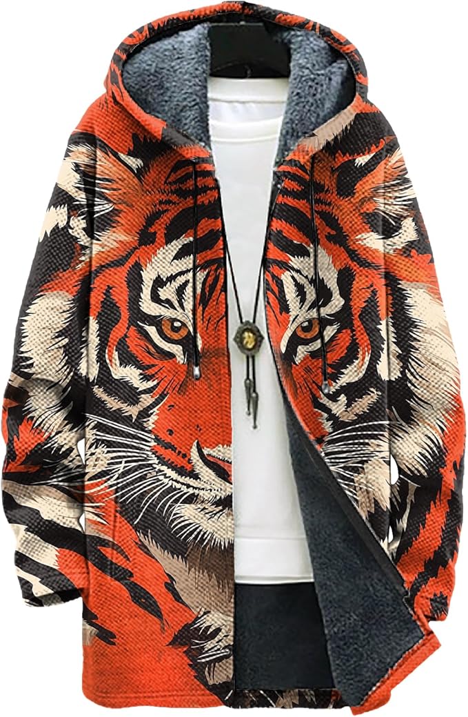 MARSVOVO Long Hooded Cardigan Men Japanese Art Style Fashion Cool Graphic Streetwear Winter Warm Lined Fleece Jacket