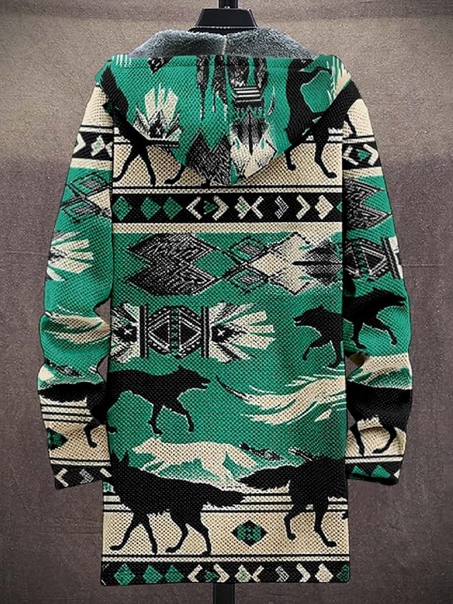 2025 Men's Ethnic Pattern Hooded Jacket Long Cardigan Hoodies Full Zip Vintage Knitted Zipper Coat with Pocket
