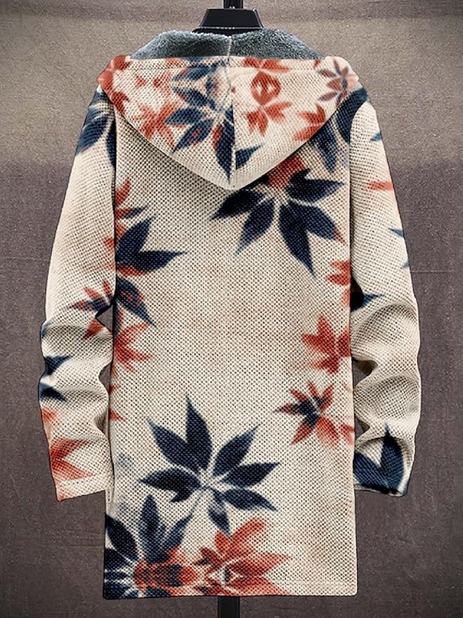 2025 Men's Ethnic Pattern Hooded Jacket Long Cardigan Hoodies Full Zip Vintage Knitted Zipper Coat with Pocket