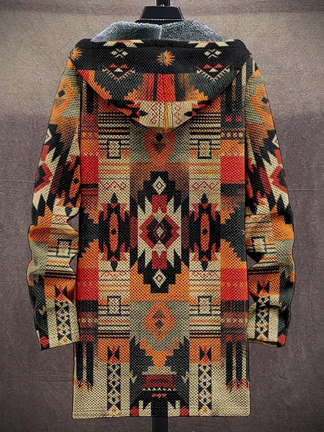 2025 Men's Ethnic Pattern Hooded Jacket Long Cardigan Hoodies Full Zip Vintage Knitted Zipper Coat with Pocket