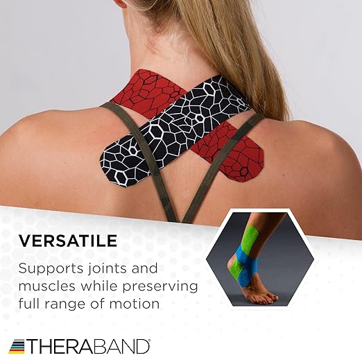 THERABAND Kinesiology Tape, Waterproof Physio Tape for Muscle & Joint Support, Standard Roll with XactStretch Application Indicators, 2" X 10" Strips, 20 Precut Strips, Hot Red/Black