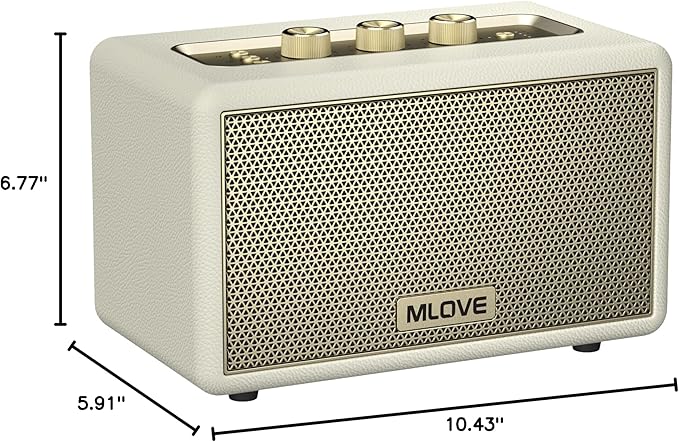 MLOVE A200 Portable Retro Bluetooth Speaker with Aux Input, USB Port, Micro SD Card Slot - Decorative Wireless Bookshelf Speakers for Home & Office, Battery Powered, White and Gold