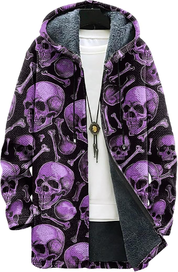 MARSVOVO Long Hooded Cardigan Men Japanese Art Style Fashion Cool Graphic Streetwear Winter Warm Lined Fleece Jacket