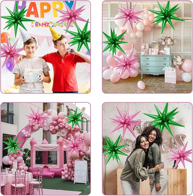 6PCS Star Balloons, 22Inch Large Green Pink Star Balloon Explosion Foil Balloons Cone Spike Balloon for Birthday Graduation Wedding Anniversary Party Backdrops Decorations