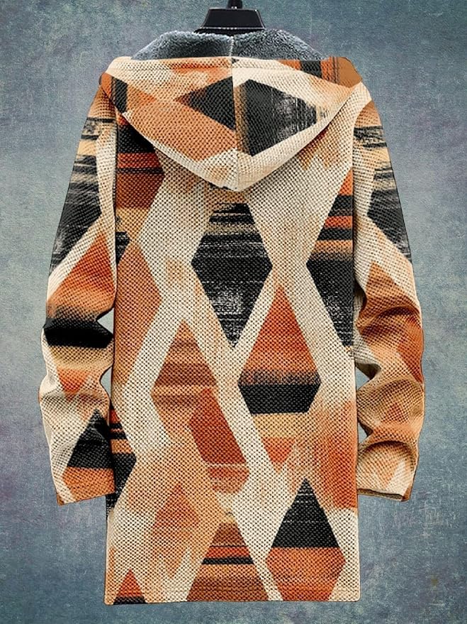 2025 Men's Ethnic Pattern Hooded Jacket Long Cardigan Hoodies Full Zip Vintage Knitted Zipper Coat with Pocket