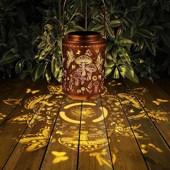 2 Pack Solar Lanterns Outdoor Waterproof Garden Decor Gifts for Women Mon Grandma Metal Hanging Solar Lights Decoration for Outside LED Lanterns for Yard Patio Lawn(Mushroom)