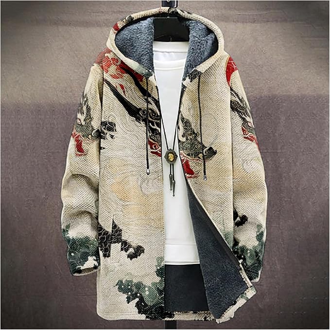 Mens Hooded Cardigan Japanese Art Zip Up Long Sleeve Sweater Hoodie Dragon Print Coat with Pockets