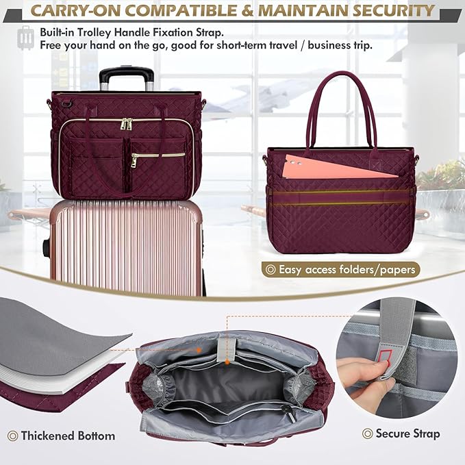 RAINSMORE Teacher Tote Bag 15.6 inch Laptop Bag for Women Work Bags Laptop Tote Nurse Bag Professional Computer Messenger with Insulated Pocket, Laptop Briefcase for Office, College, Nursing, Wine
