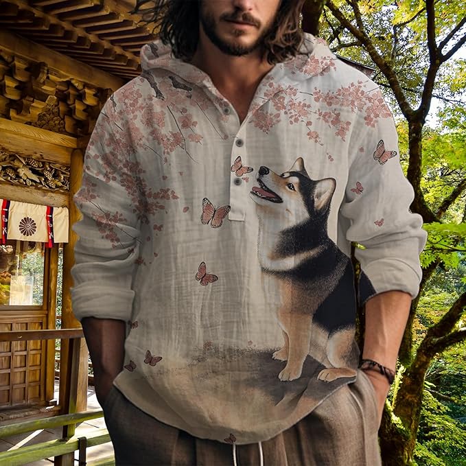 MARSVOVO Hooded Long Sleeve Shirt Men Fashion Graphic Button Up Lightweight Big and Tall Casual Vacation Shirts for Men