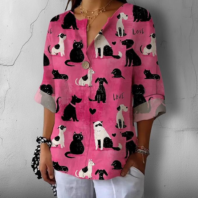 Fashion Shirts for Women Loose Fit Button Down V Neck Blouse 3/4 Sleeves Casual Tunic Tops Summer Outfits