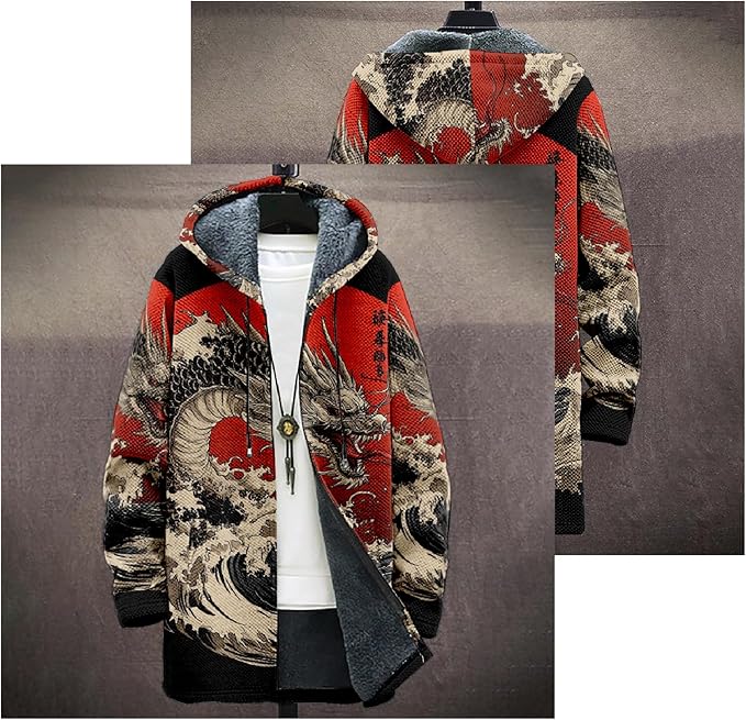 Mens Hooded Cardigan Japanese Art Zip Up Long Sleeve Sweater Hoodie Dragon Print Coat with Pockets