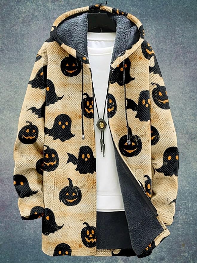 2025 Men's Ethnic Pattern Hooded Jacket Long Cardigan Hoodies Full Zip Vintage Knitted Zipper Coat with Pocket