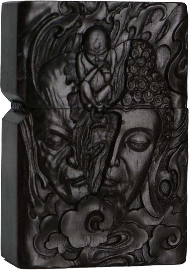 Natural Ebony Black Wood Carved Lighter Shell Box For Zippo Module (Half Buddha &Devil Face)
